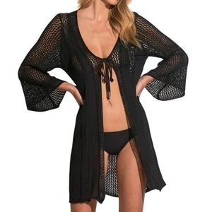 NWT Elan Black Crochet Kimono Swim Coverup Size Small